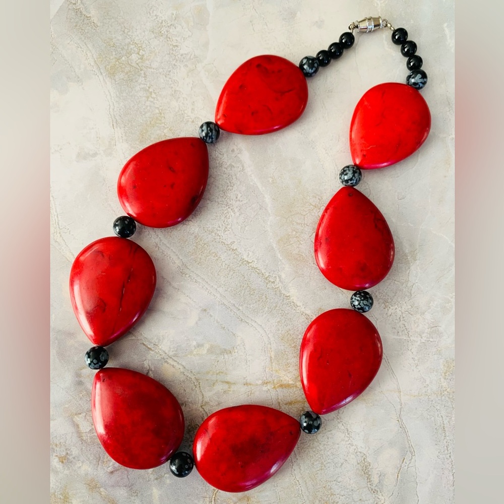 Red Coral and Snowflake Obsidian Teardrop Necklace